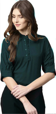 Vogue Nation Casual Solid Women Dark Green Top