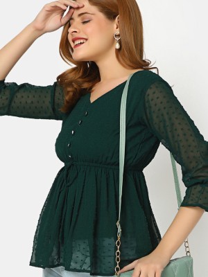 V-MART Casual Embroidered Women Green Top