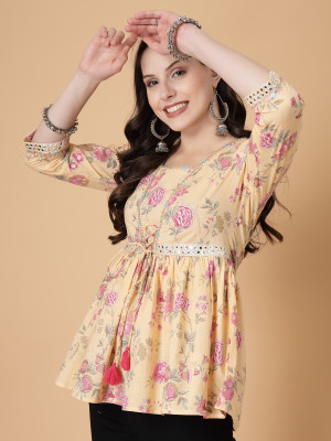 God Bless Casual Floral Print Women Yellow Top