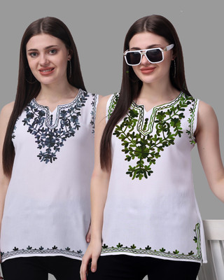 aakrushi Casual Embroidered Women Silver, Light Green Top