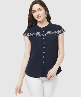 GO.4.IT Casual Cap Sleeve Embroidered Women Blue Top