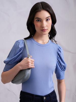 Tokyo Talkies Casual Self Design Women Light Blue Top
