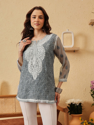 ADA Casual Embroidered, Ethnic Motifs Women Grey Top