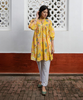 Janasya Casual Floral Print Women Yellow Top