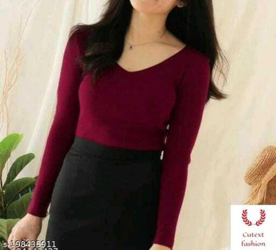SONIC FASHION Casual Solid Women Maroon Top
