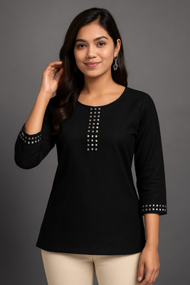 AROOZ Casual Embellished, Solid Women Black Top