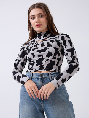 SZN Party Printed Women Grey Top