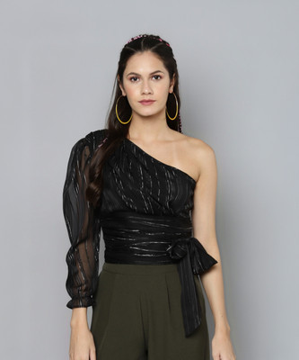 SASSAFRAS Casual 3/4 Sleeve Striped Women Black Top