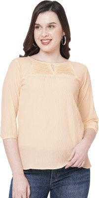 GO.4.IT Casual 3/4 Sleeve Solid Women Beige Top