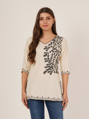 Miss Peach Casual Embroidered Women White Top