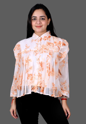 Pushbela Casual Floral Print Women Orange, White Top