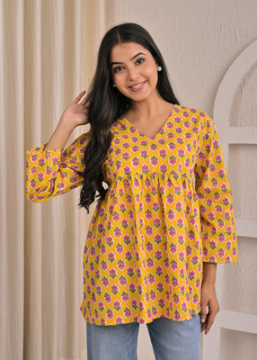 6th Avenue Streetwear Casual Floral Print Women Yellow Top