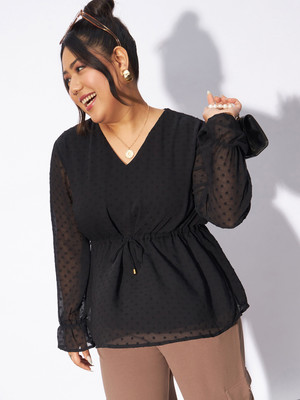SASSAFRAS Curve Casual Self Design Women Black Top