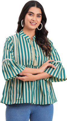 Threadflix Casual Striped Women Beige Top