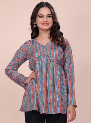 GLAM COUTURE Casual Printed, Striped Women Blue Top