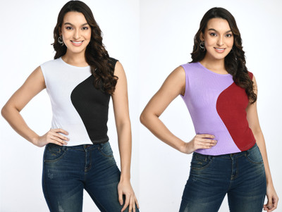 GLADLY Casual Color Block Women White, Purple Top