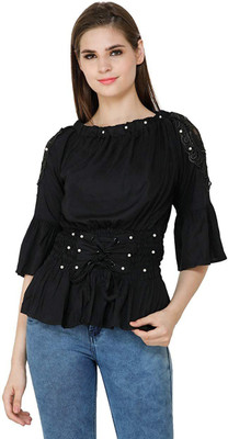 Fellamo Casual Self Design Women Black Top