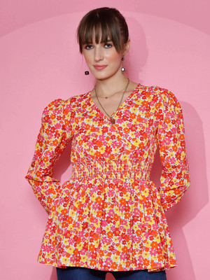 Honky Tonky Casual Floral Print Women Orange Top