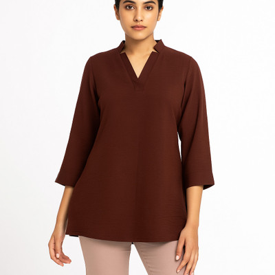 Lines and Checks Casual Solid Women Brown Top