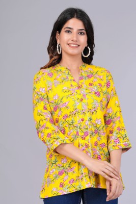 Fit & Flare Casual Floral Print Women Yellow Top