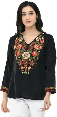 Maahi Casual 3/4 Sleeve Embroidered Women Black Top