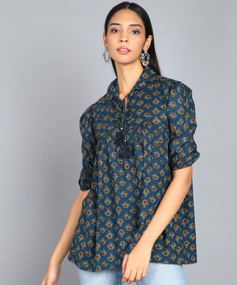 Blocks Of India Casual Printed Women Dark Blue, White, Orange Top