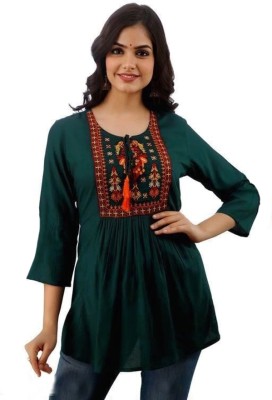 KRSN FAB Casual Embroidered Women Green Top