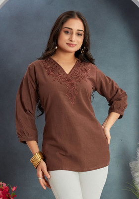 CORSICA Casual Embroidered Women Brown Top