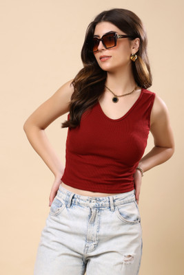 KEX Casual Solid Women Maroon Top