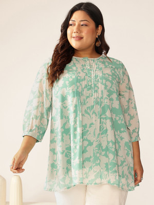 Janasya Casual Floral Print Women Green Top