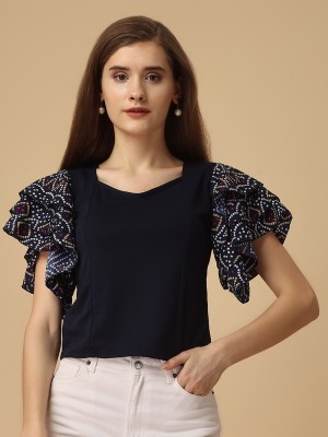 Paralians Casual Floral Print Women Dark Blue Top