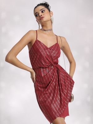 Tokyo Talkies Women Wrap Maroon, Silver Above Knee/Mid Thigh Length Dress