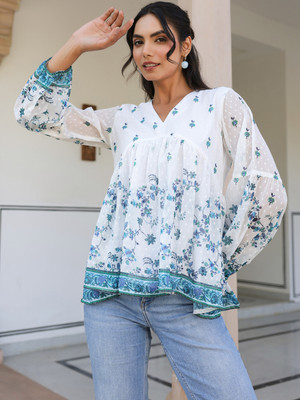 Janasya Casual Printed Women White Top