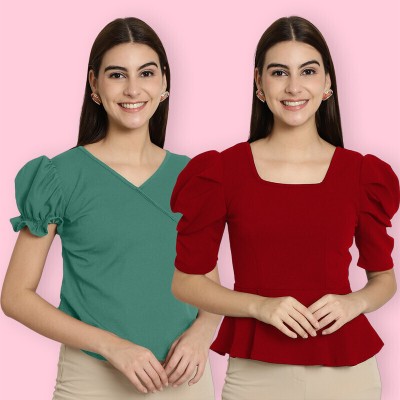 Tromko Casual Solid Women Green, Red Top