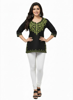 uncommon market Casual Embroidered, Ethnic Motifs, Floral Print Women Black Top