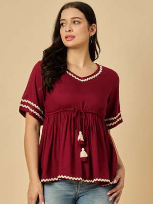 Azira Casual Solid Women Maroon Top