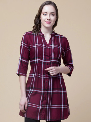 HouseOfCommon Casual Checkered Women Maroon Top