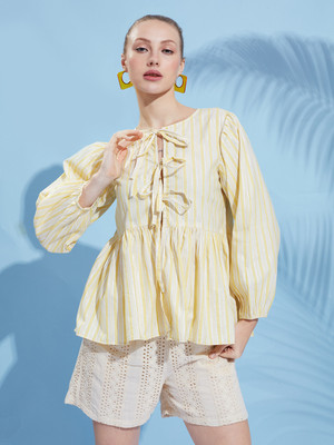FashFun Casual 3/4 Sleeve Striped Women Yellow Top