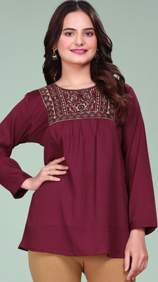 MAPRI Casual Embroidered Women Maroon Top