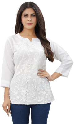 Biezun Casual Embroidered Women White Top