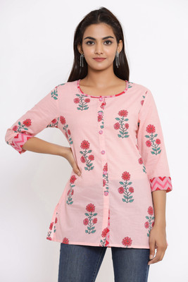 FABRIC FITOOR Casual 3/4 Sleeve Printed Women Pink Top