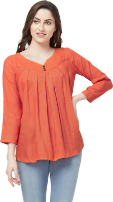 GO.4.IT Casual 3/4 Sleeve Self Design Women Orange Top