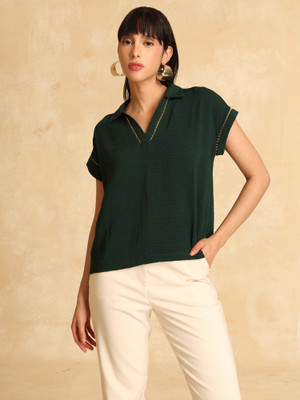 KAZO Formal Solid Women Green Top