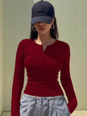 NAVYANKAA Casual Solid Women Maroon Top