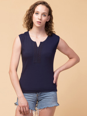 HouseOfCommon Casual Solid Women Dark Blue Top