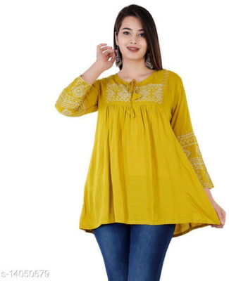 kumar creation Party 3/4 Sleeve Embroidered Women Yellow Top