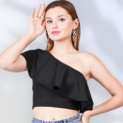 Styvibe Casual Solid, Self Design Women Black Top