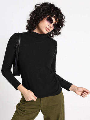 SHOWOFFFF Casual Self Design Women Black Top