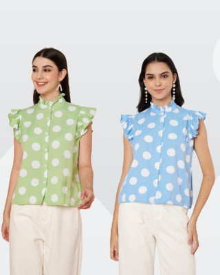 fashoraa Casual Polka Print Women Blue, Green Top