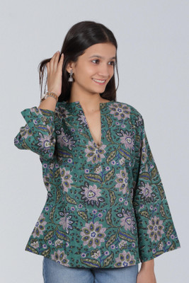 Divadrobe Casual Floral Print Women Multicolor, Green Top